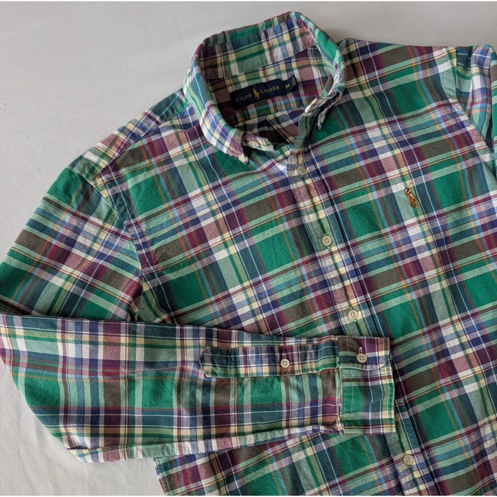 Ralph Lauren L/S Button Down Shirt Men's Med Green Plaid Cotton Flesh Pony